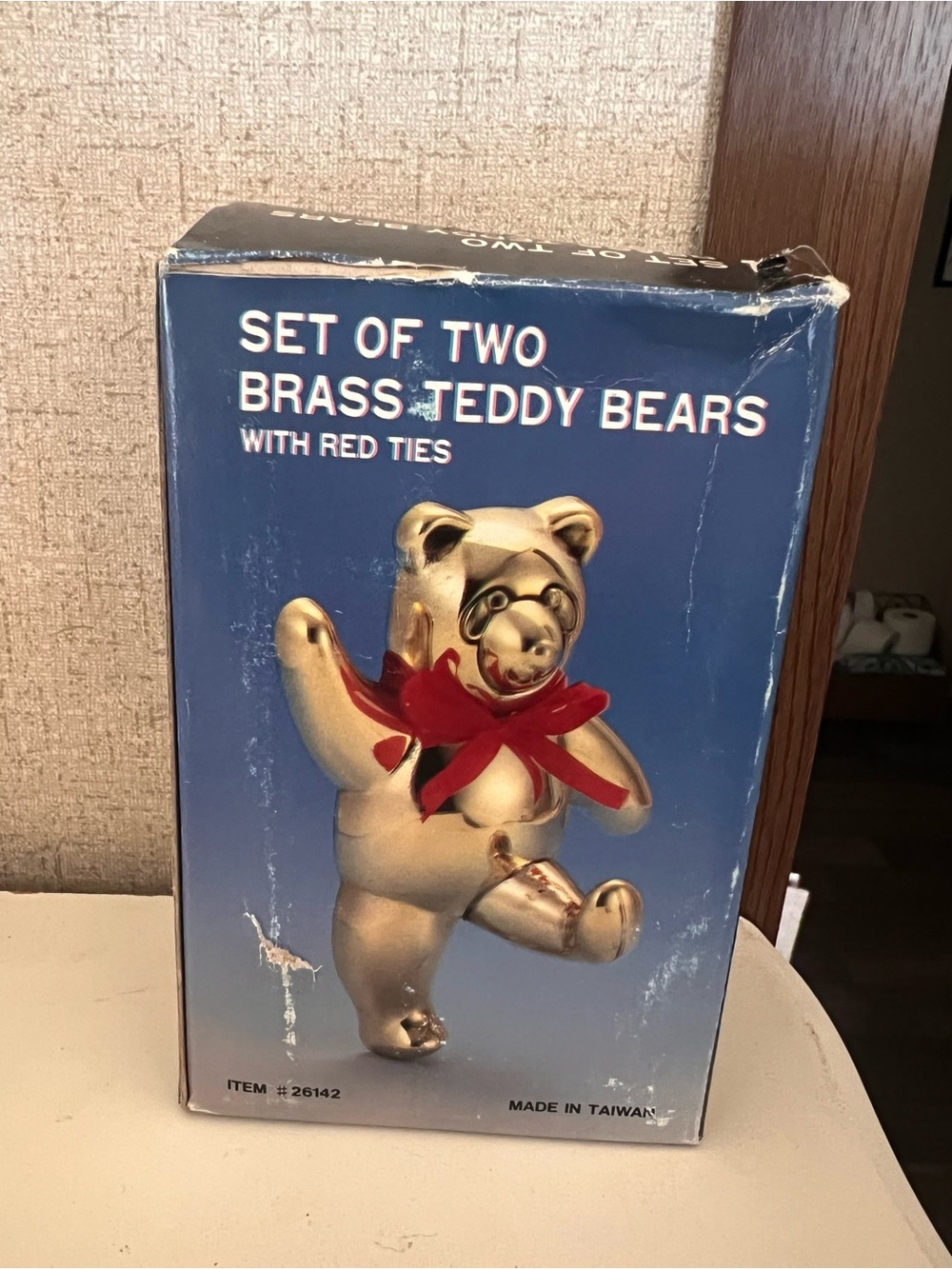 Vintage Brass Teddy Bears Set of Two with Red Ties - Gold Finish